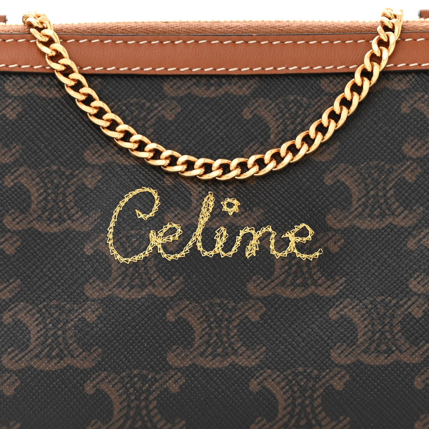 Celine Lambskin Triomphe Canvas Embroidered Logo Clutch With Chain Tan 8 of 10