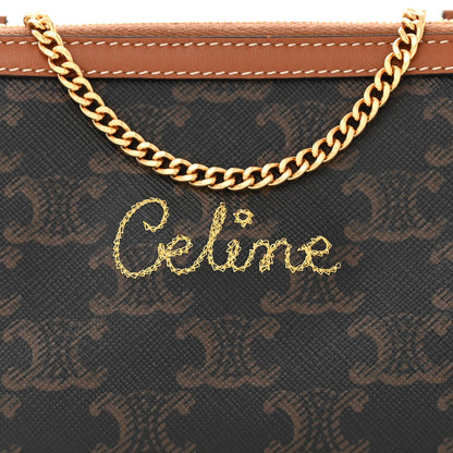 Celine Lambskin Triomphe Canvas Embroidered Logo Clutch With Chain Tan 8 of 10