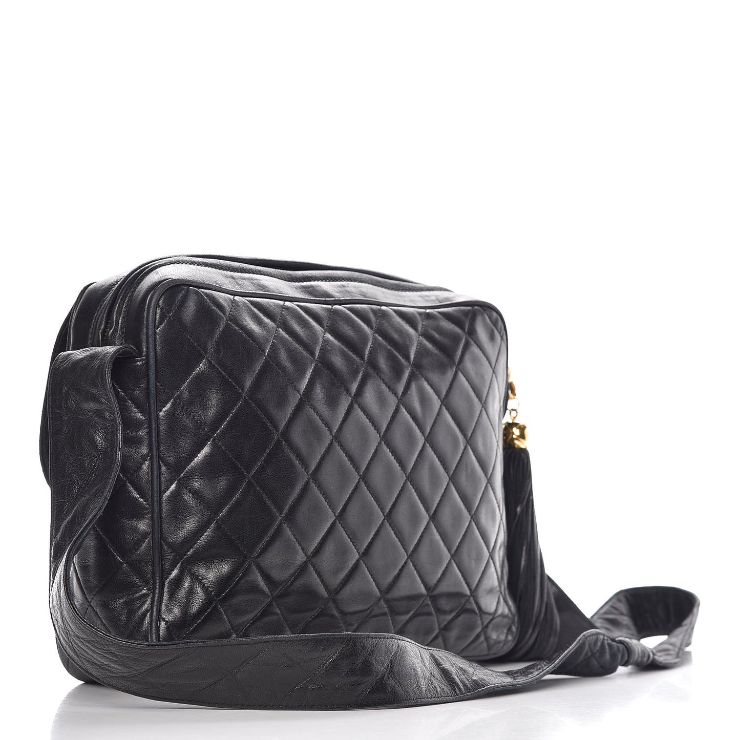 Lambskin Quilted Tassel Flap Camera Case Black
