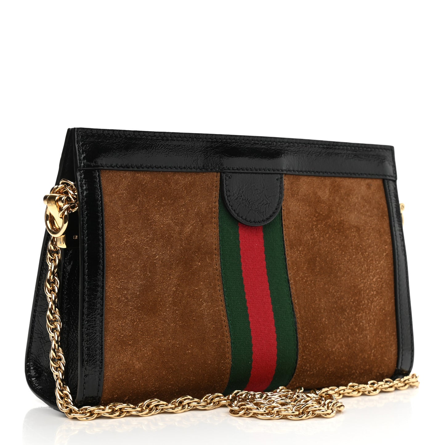 Suede Patent Web Small Ophidia Chain Shoulder Bag Nocciola Black