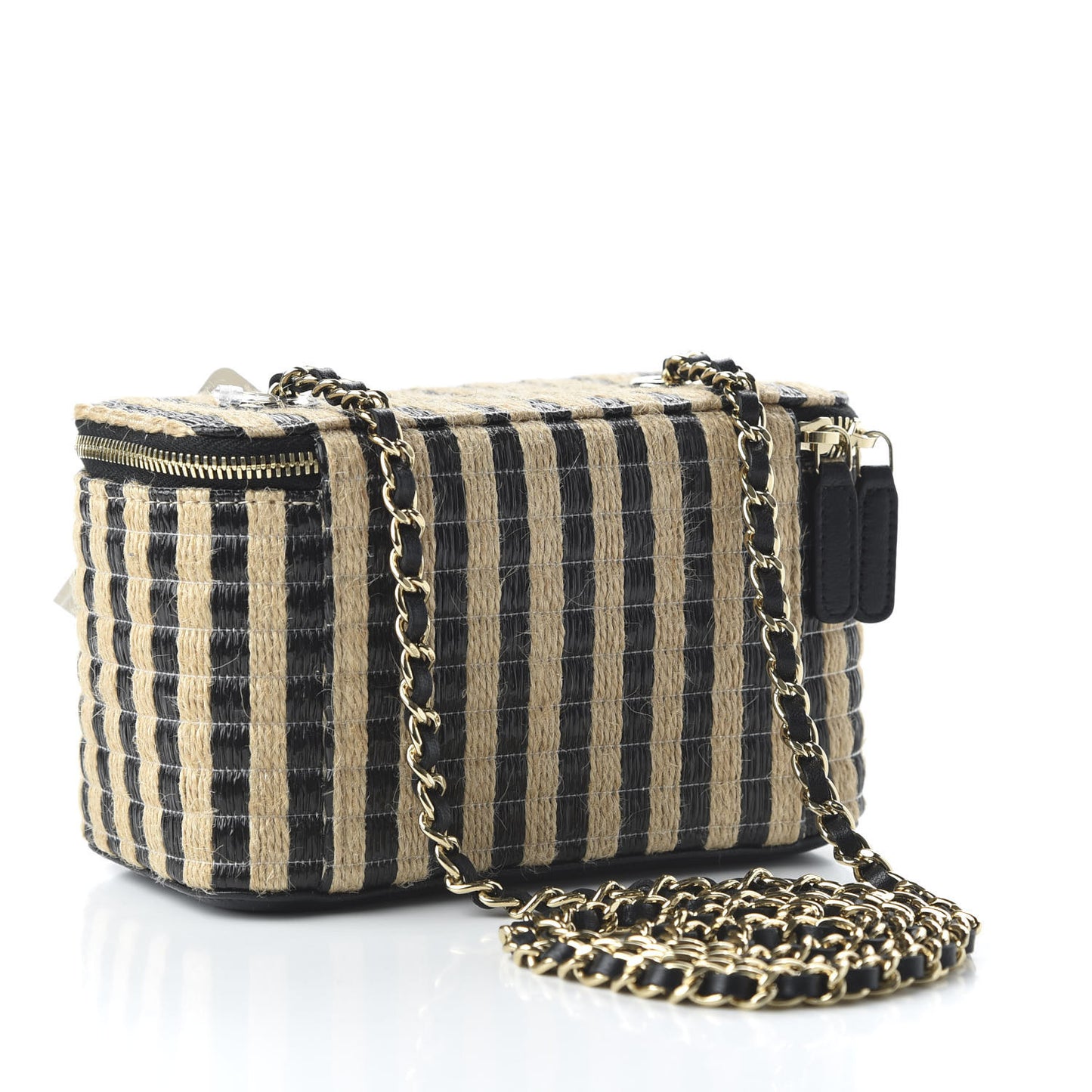 Raffia Jute Striped Small Vanity Case With Chain Black Beige
