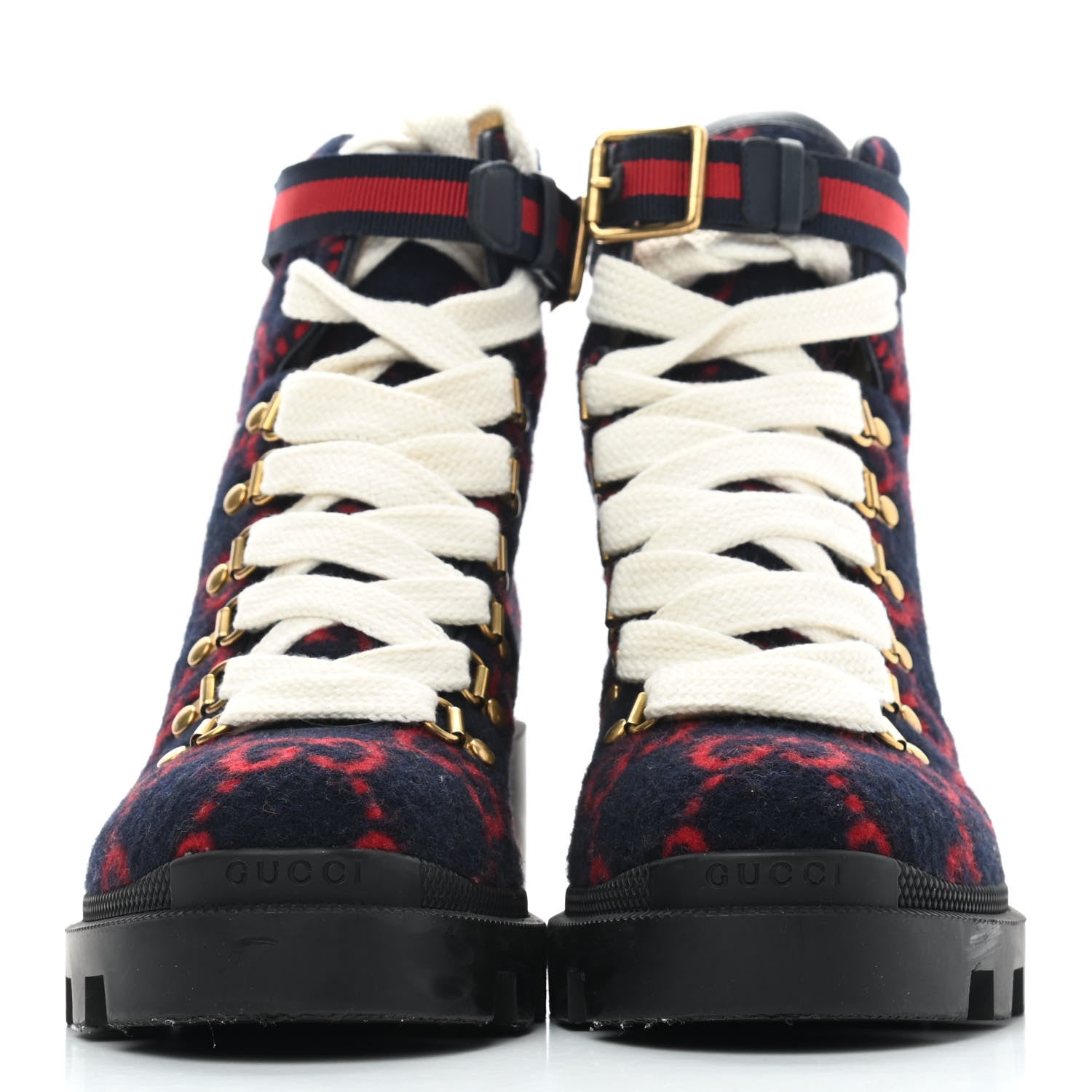 Gucci Covered Wool Big GG Monogram Womens Lace Up Combat Ankle Boots 37.5 Blue Red 2 of 8