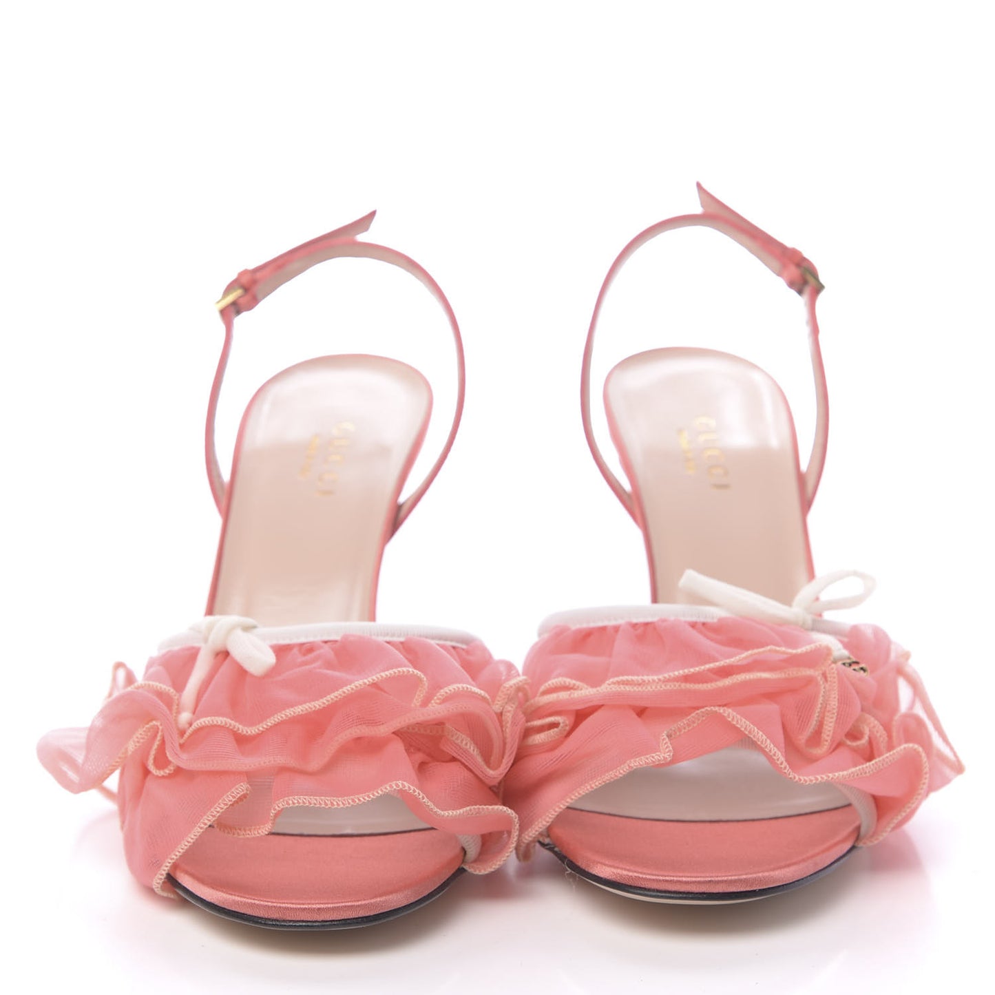 Tulle Ruffle Mid Heel Slingback Sandals 36.5 Peach White