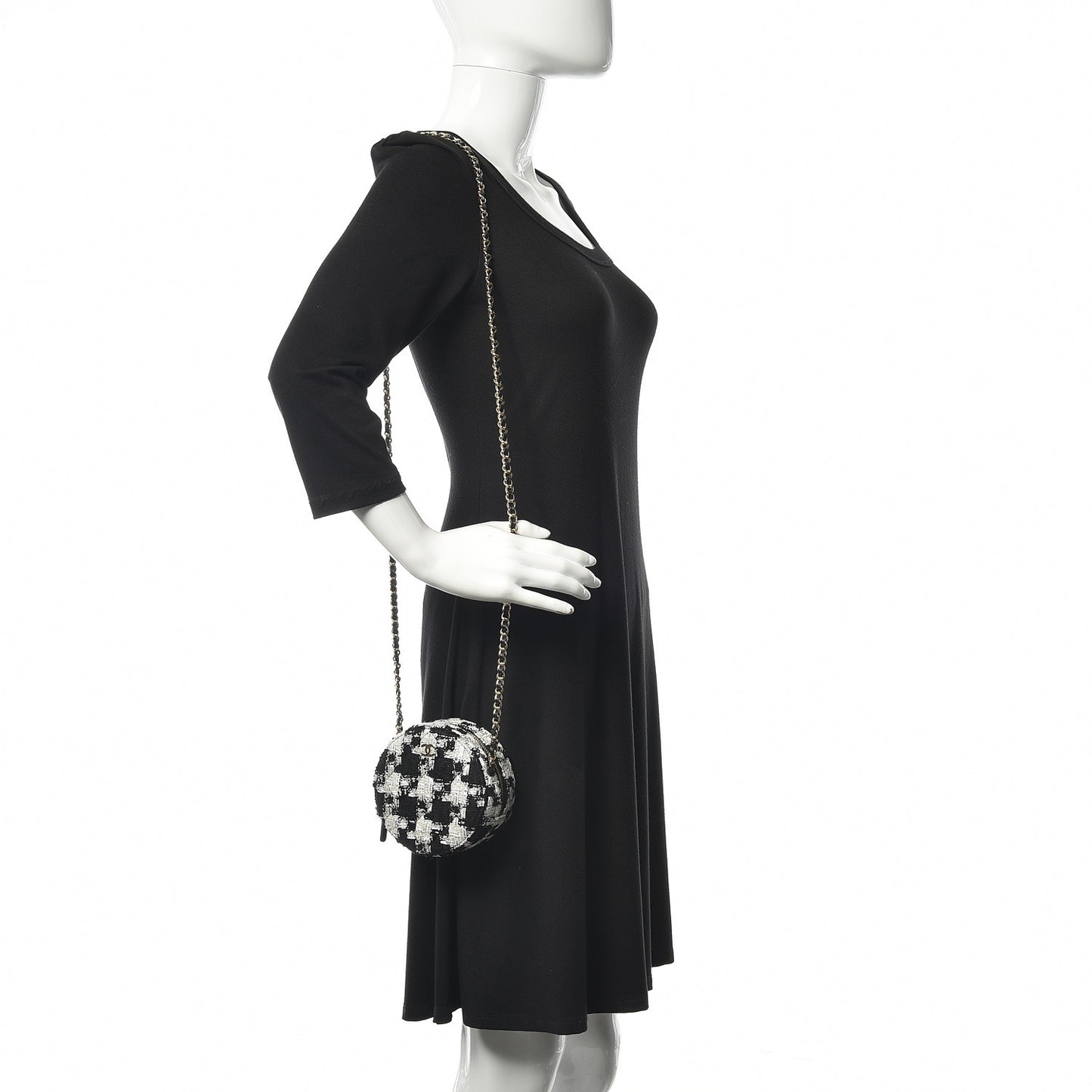 Tweed Round Clutch With Chain Black White