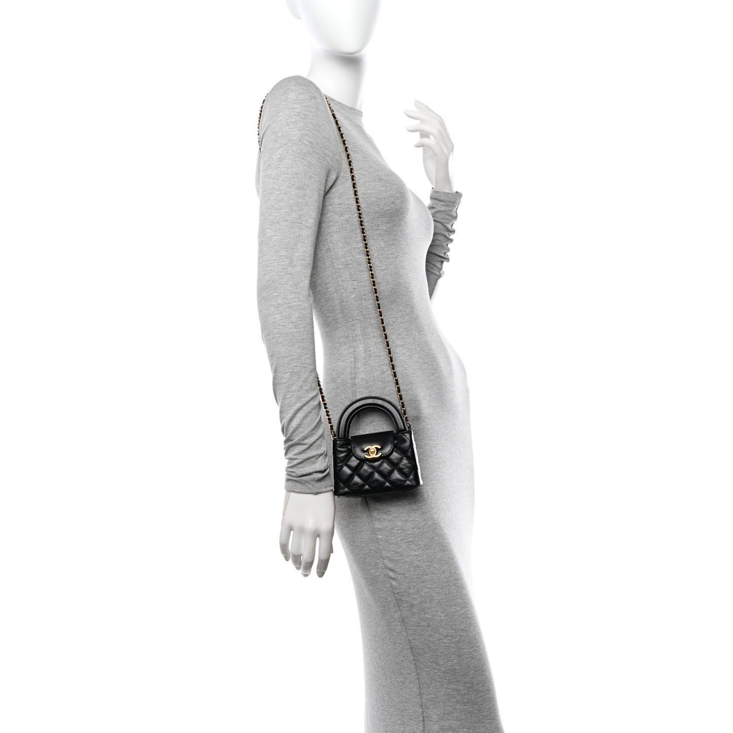 Shiny Aged Calfskin Quilted Mini Nano Kelly Shopper Black