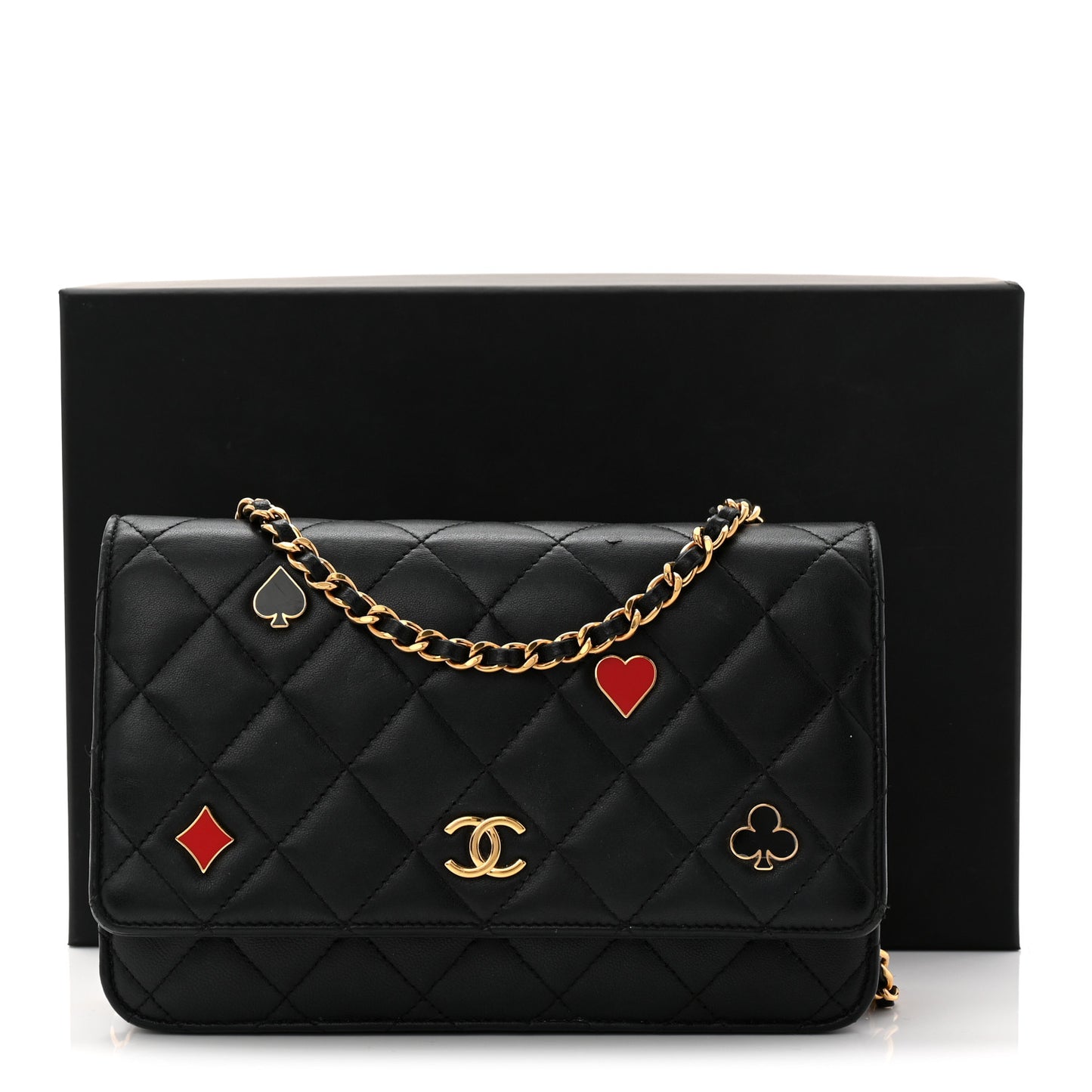 Lambskin Quilted Enamel Coco Casino Wallet On Chain WOC Black