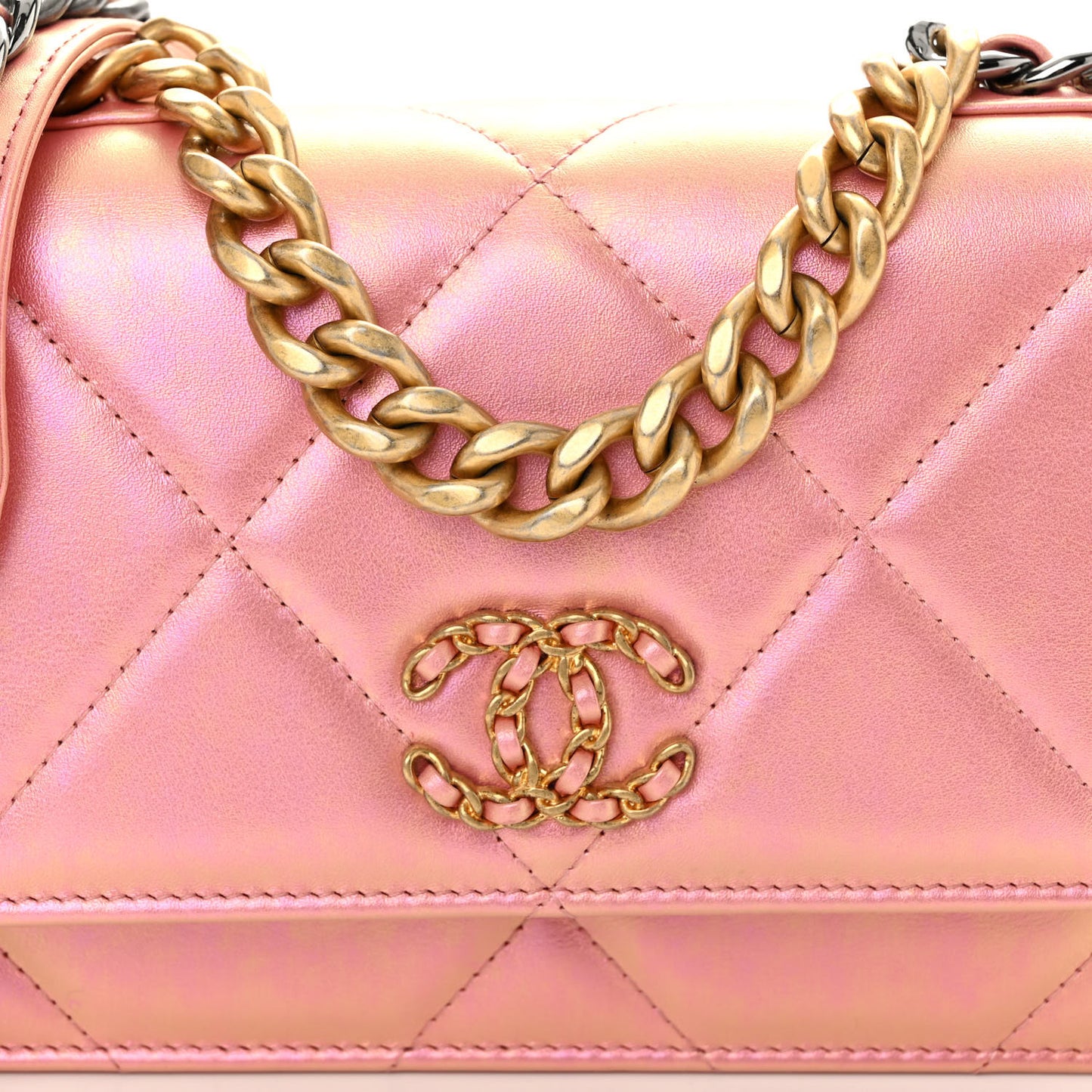 Iridescent Calfskin Quilted Chanel 19 Wallet On Chain WOC Pink