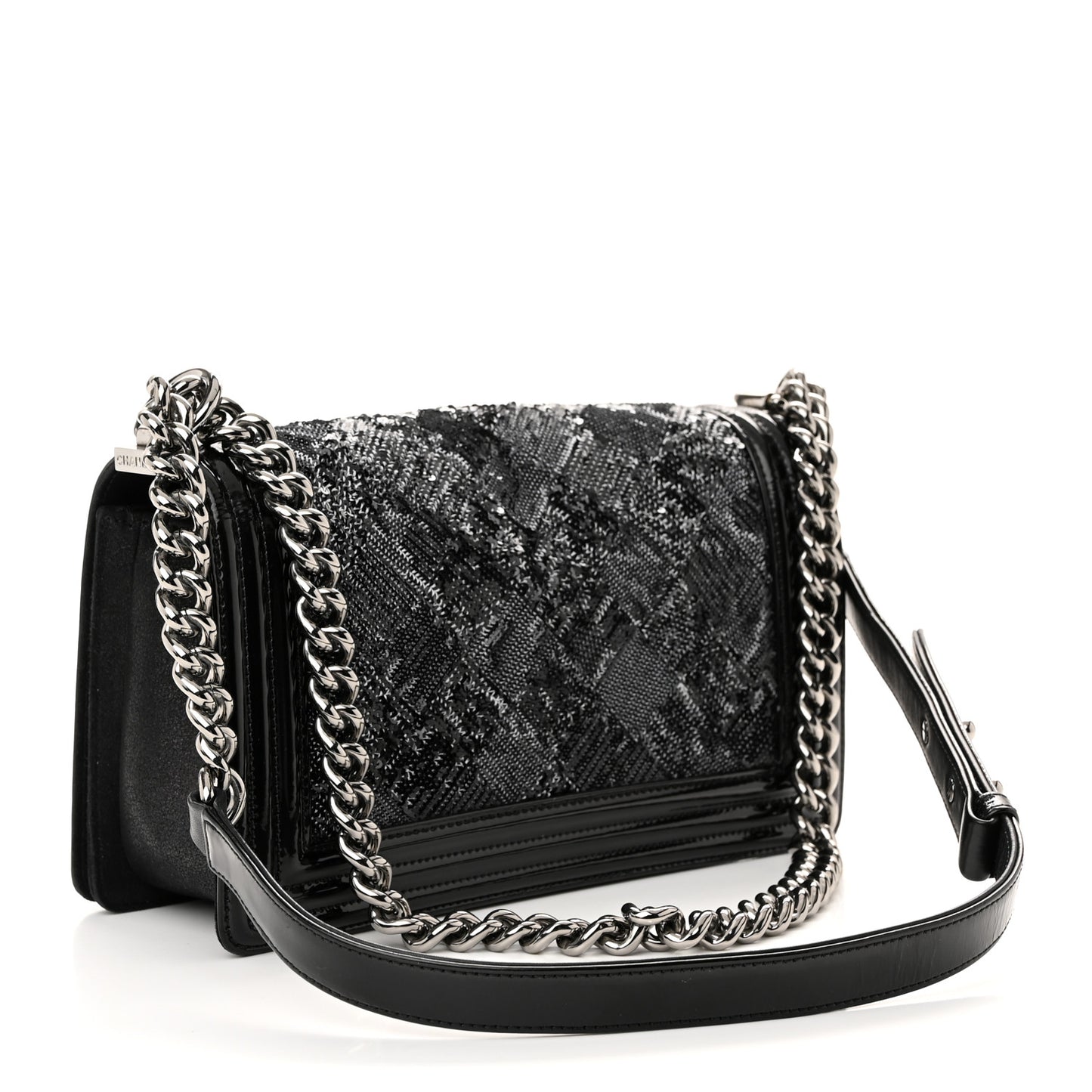 Patent Iridescent Calfskin Sequin Medium Boy Flap Bag Black