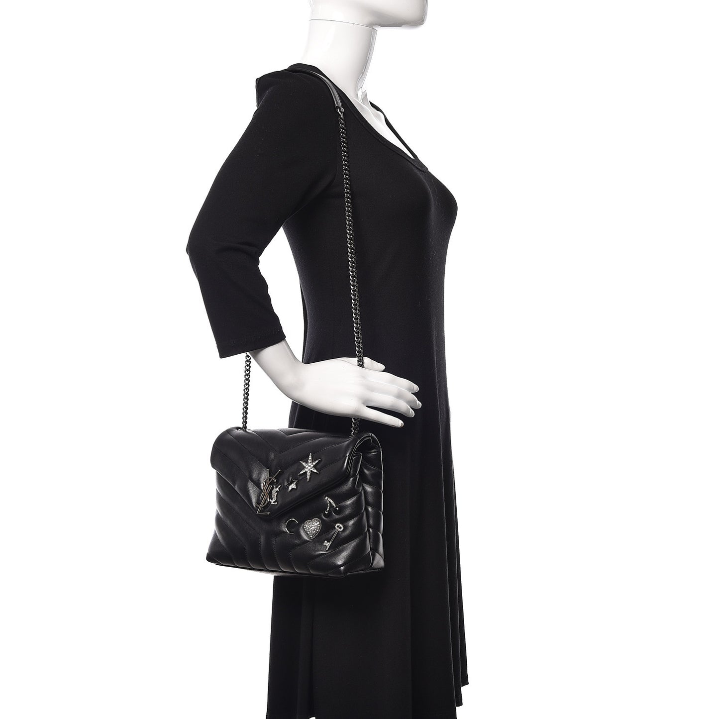 Calfskin Y Quilted Monogram Small Charm Loulou Chain Satchel Black