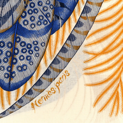 Hermes Cashmere Silk Plumes En Fete Shawl 140 White Bleu Gold 2 of 3