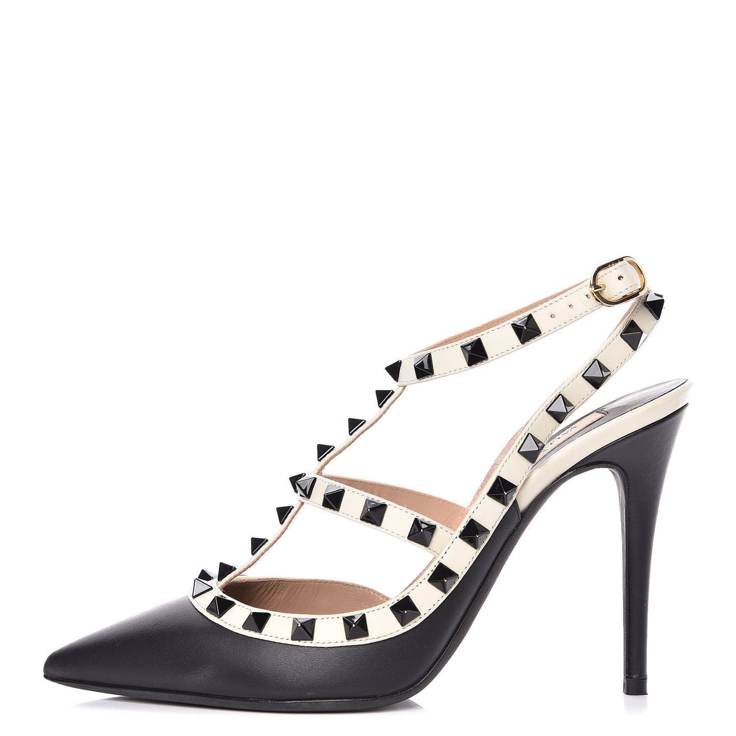 Calfskin Rockstud Ankle Strap 100mm Pumps 37.5 Black Light Ivory