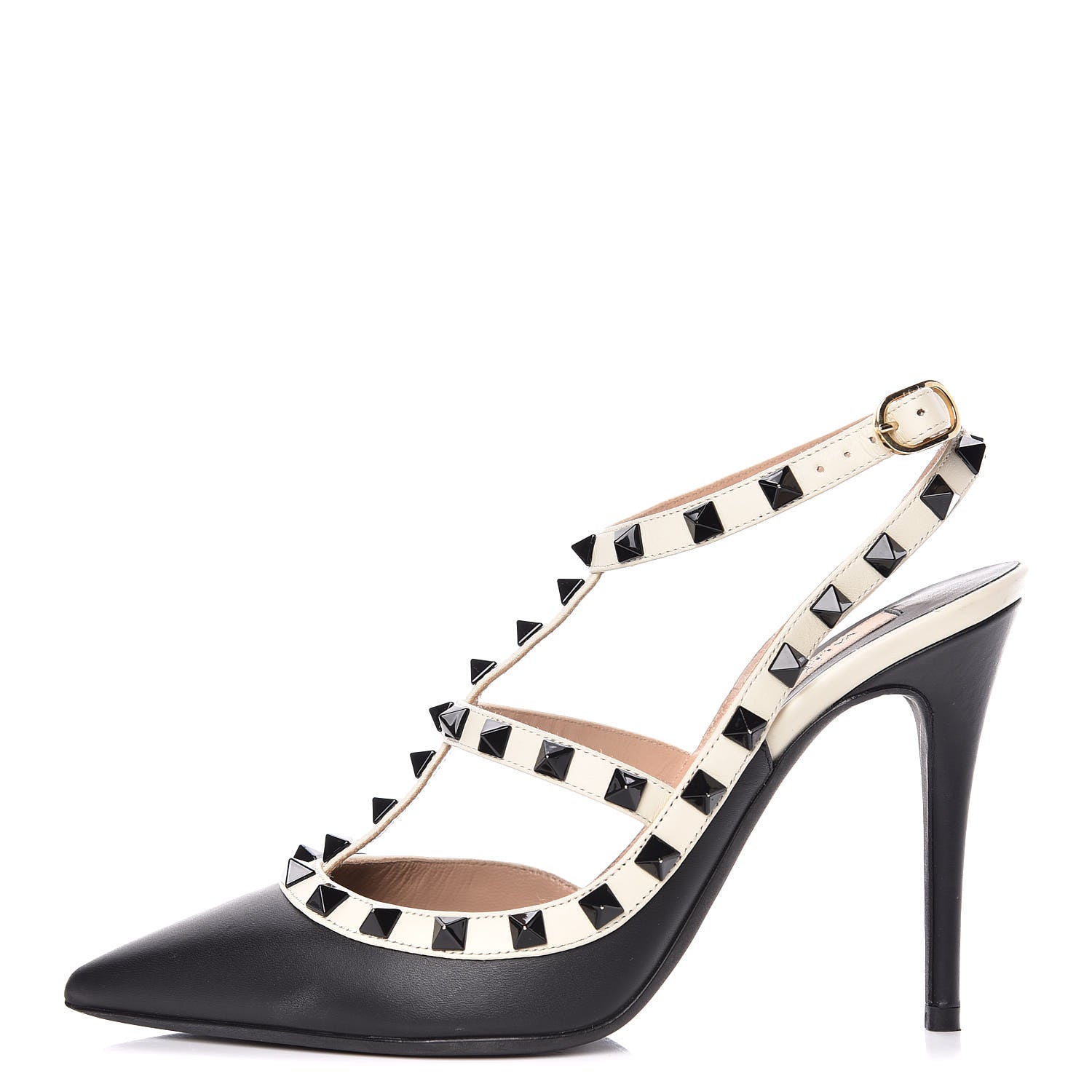 Valentino Garavani Calfskin Rockstud Ankle Strap 100mm Pumps 37.5 Black Light Ivory 1 of 15