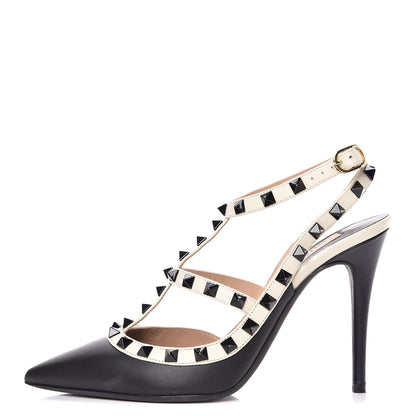 Valentino Garavani Calfskin Rockstud Ankle Strap 100mm Pumps 37.5 Black Light Ivory 1 of 15