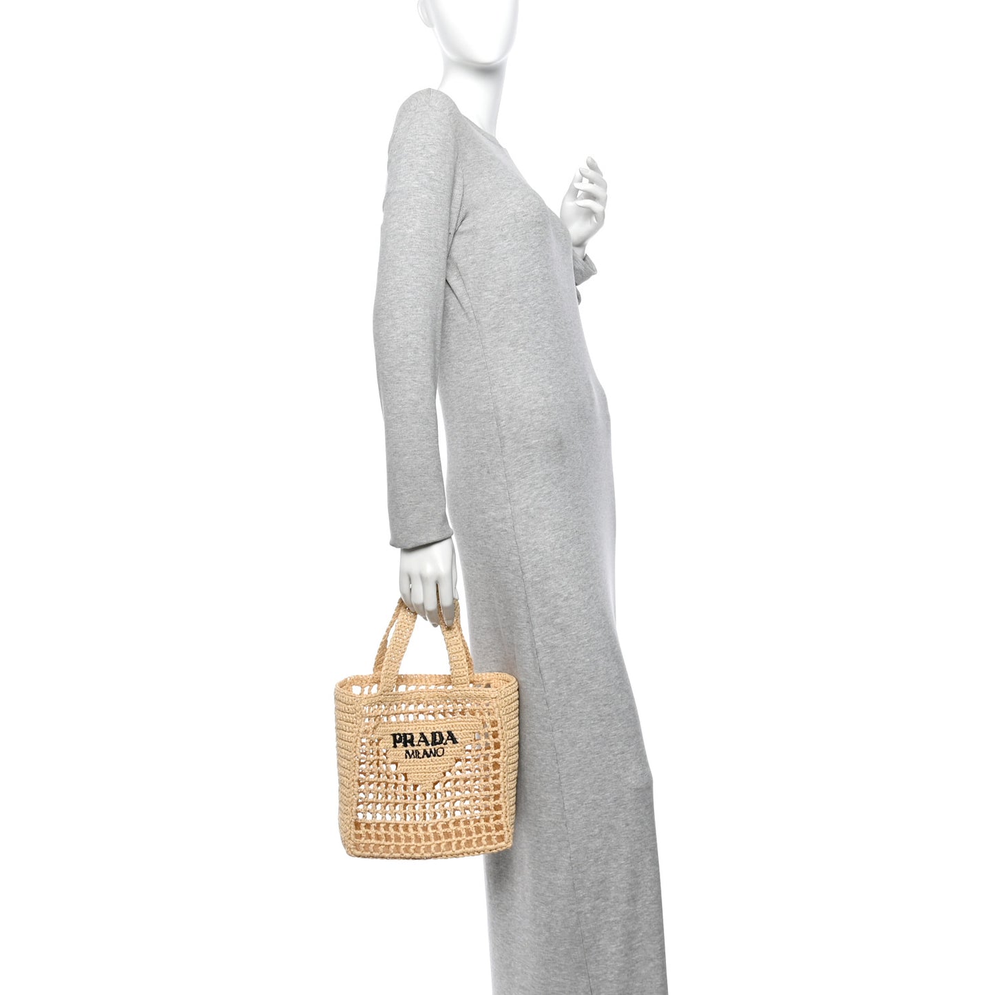 Yarn Raffia Effect Crochet Logo Embroidered Small Tote Bag Naturale