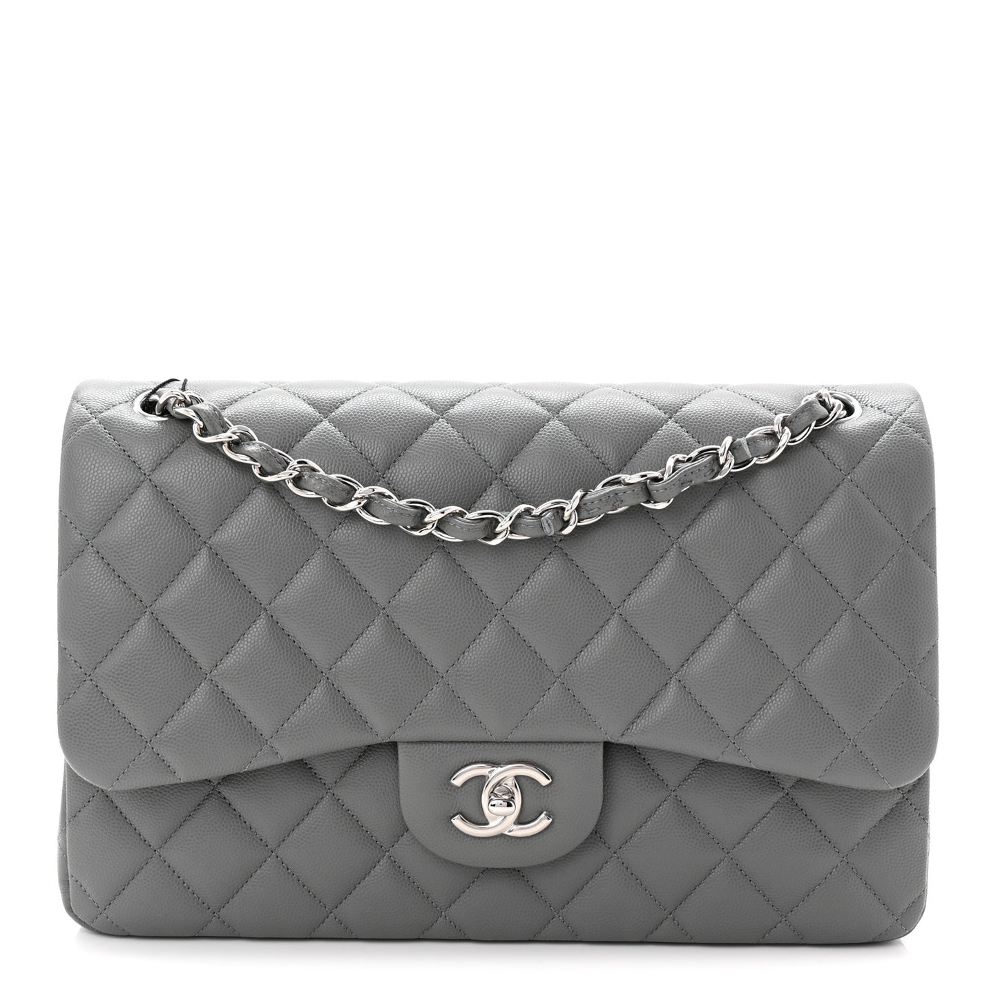 Caviar Quilted Jumbo Double Flap Grey