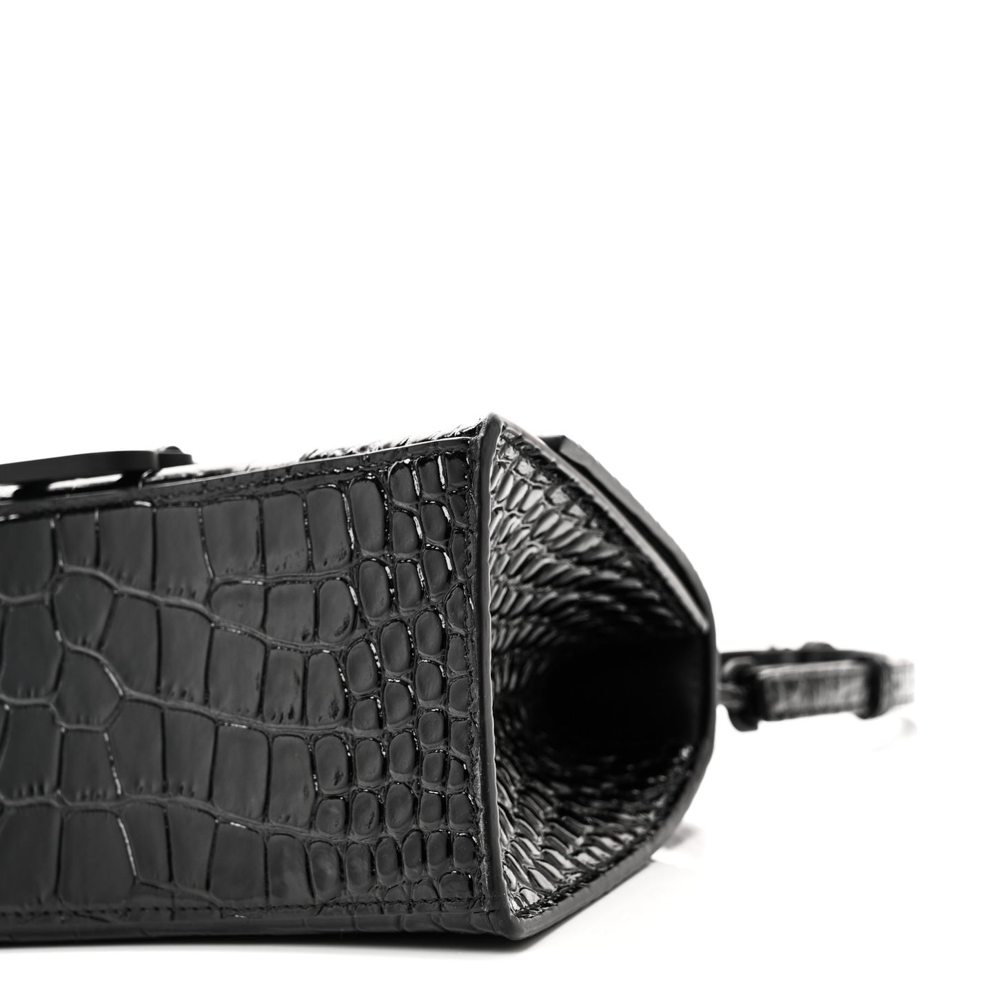 Shiny Calfskin Monochrome Crocodile Embossed Small Hourglass Top Handle Bag Black