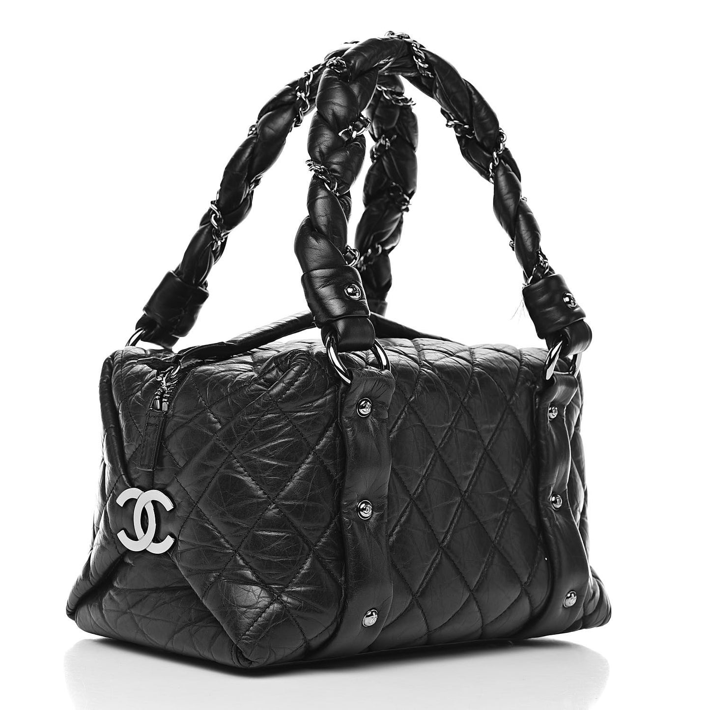 Distressed Lambskin Small Lady Braid Tote Black