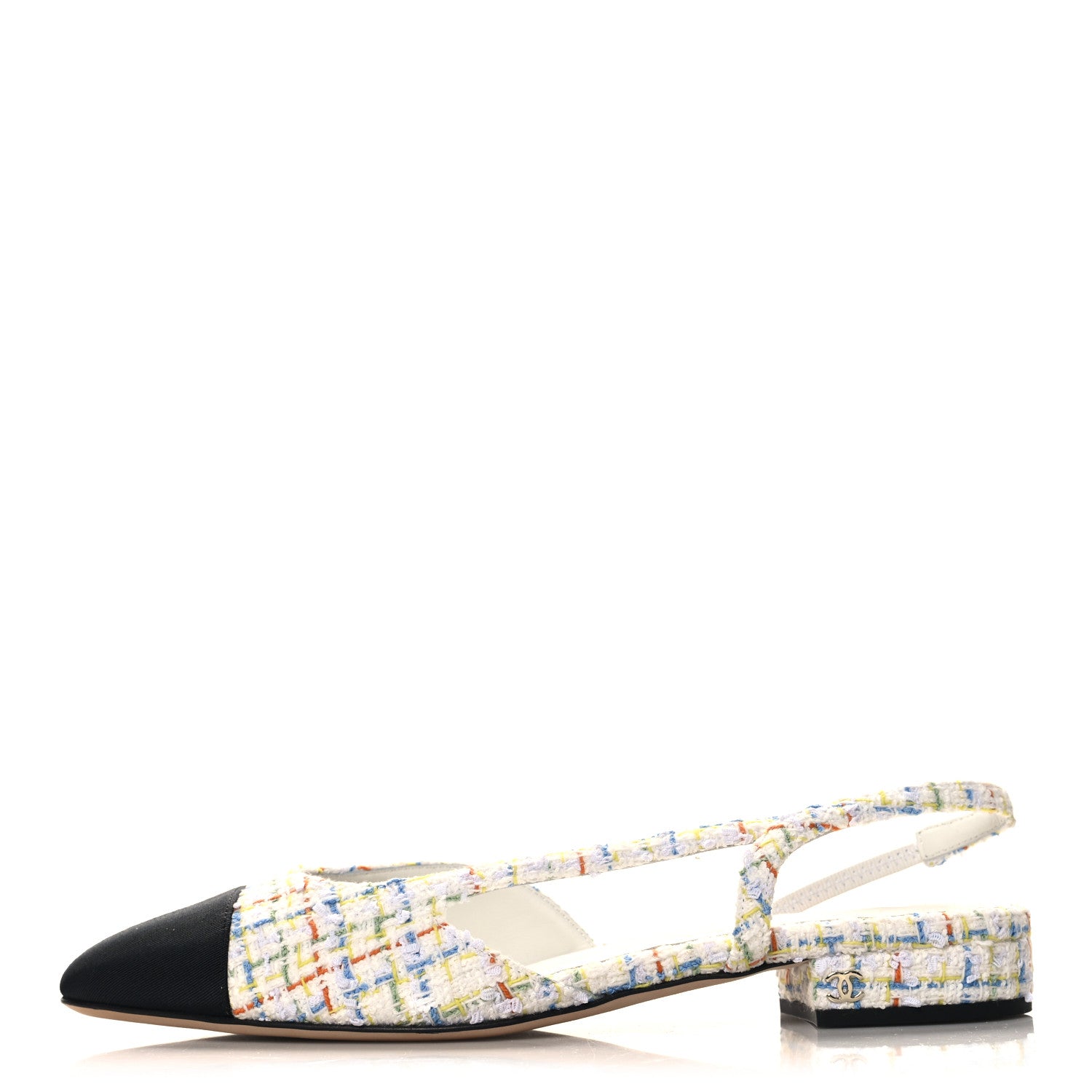 Chanel Tweed Grosgrain Cap Toe CC Slingback Flat 40 White Multicolor 1 of 10