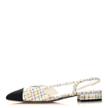Chanel Tweed Grosgrain Cap Toe CC Slingback Flat 40 White Multicolor 1 of 10