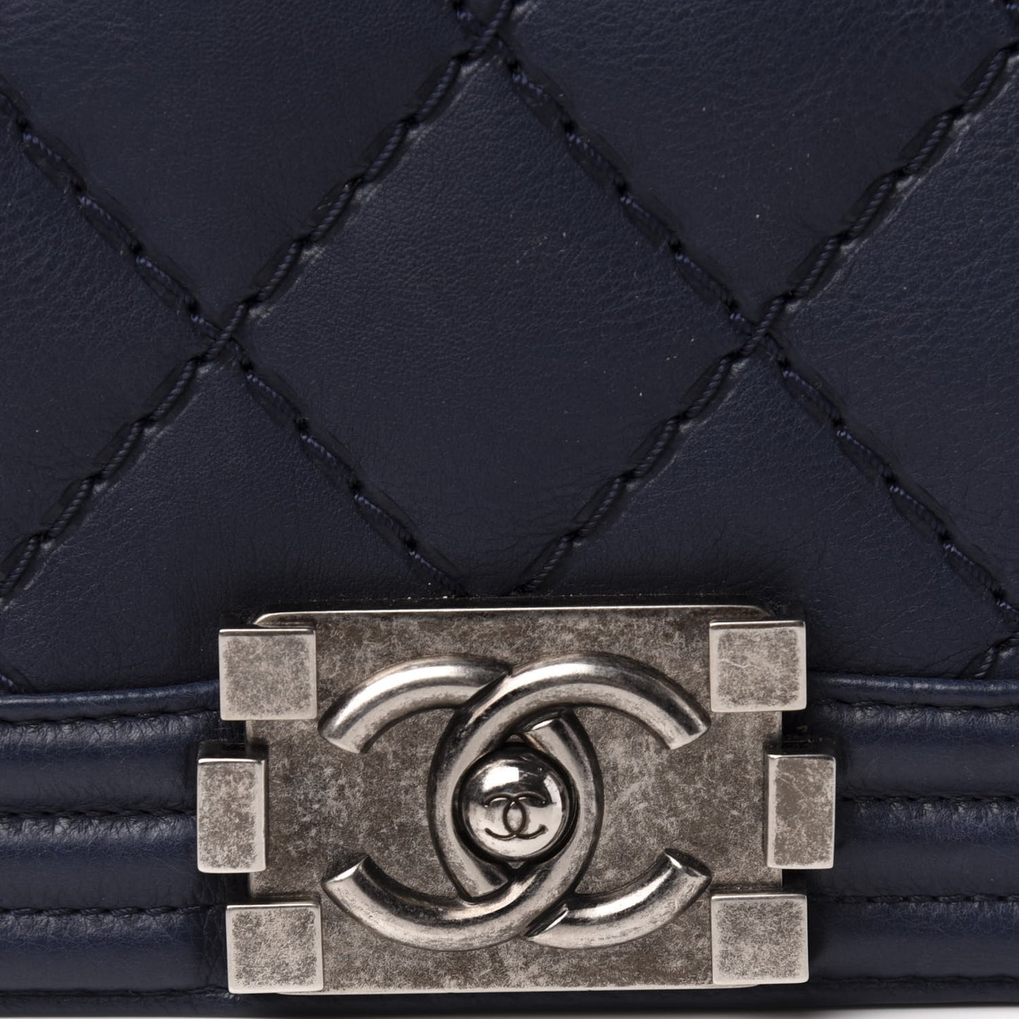Calfskin Double Stitch Large Boy Flap Navy Blue