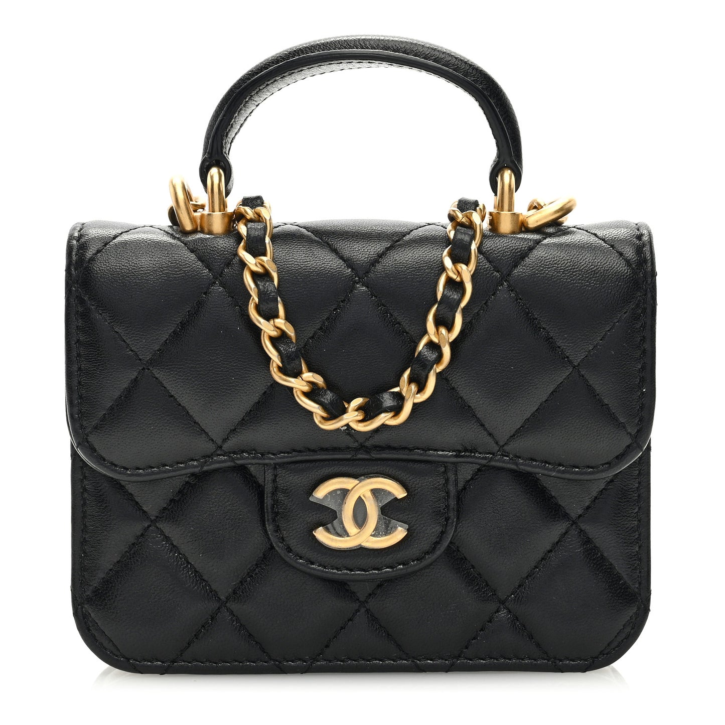 Lambskin Quilted Top Handle Flap Coin Purse With Chain Black