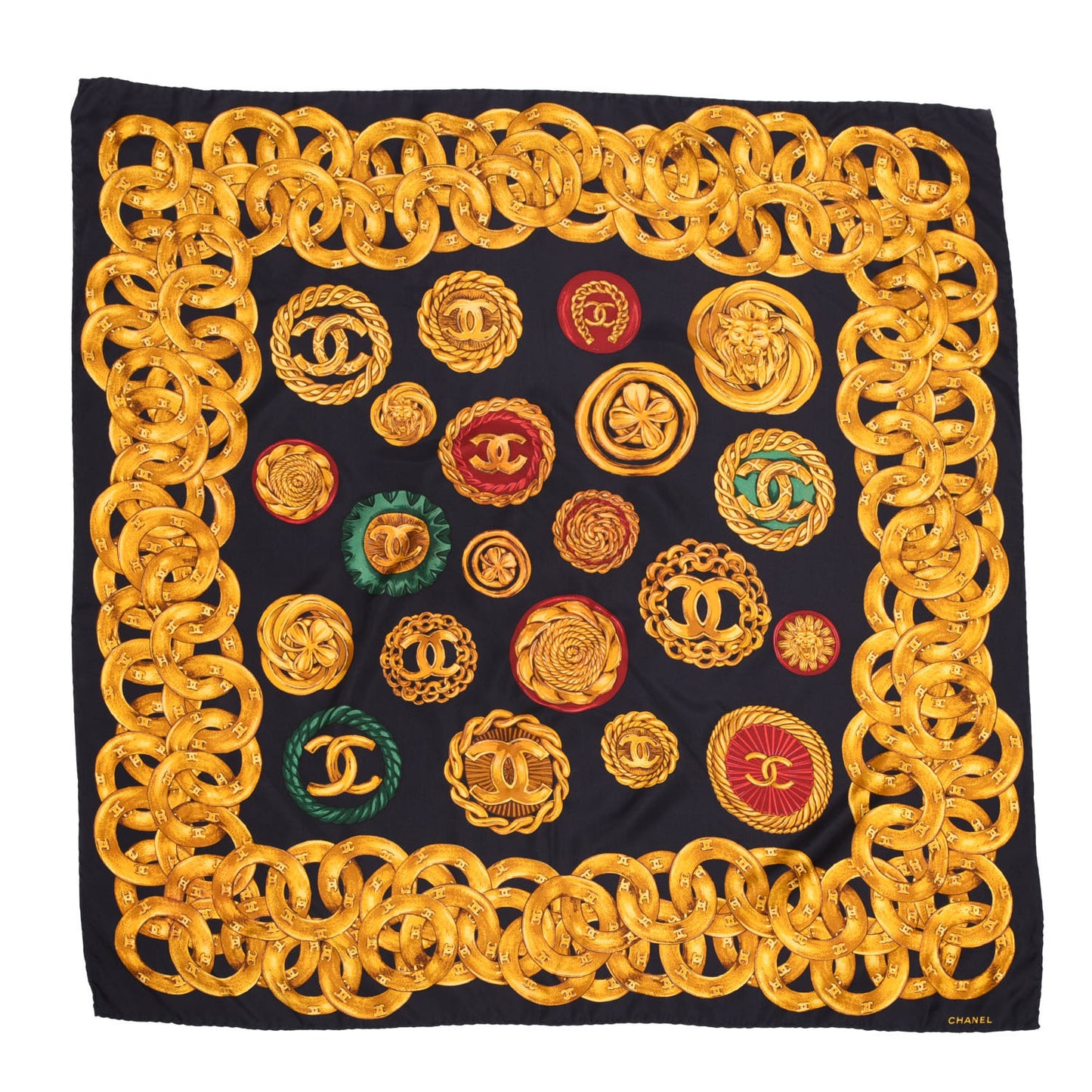 Silk CC Chain Square Scarf Black