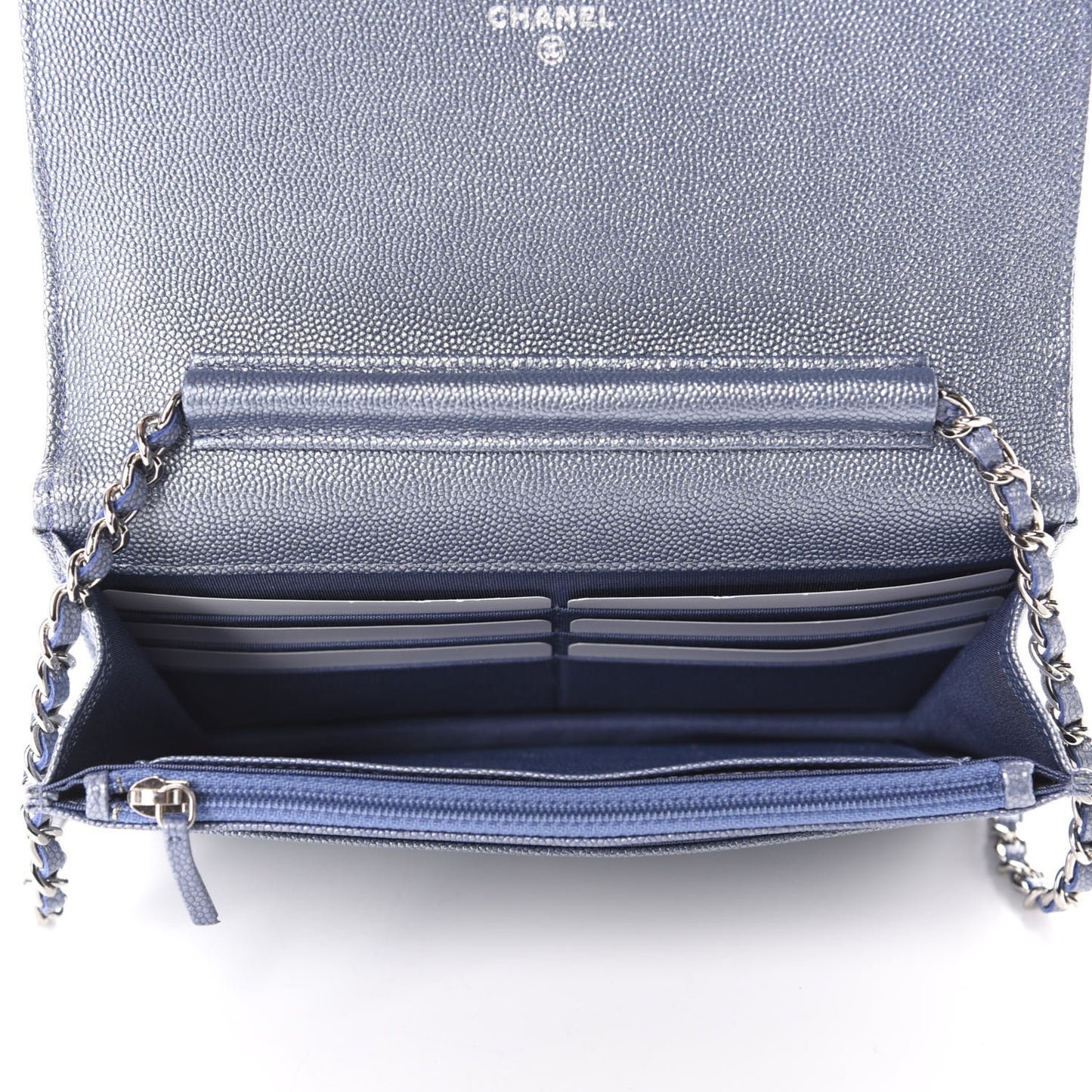 Metallic Caviar Chevron Quilted Vintage Mademoiselle Wallet On Chain WOC Blue