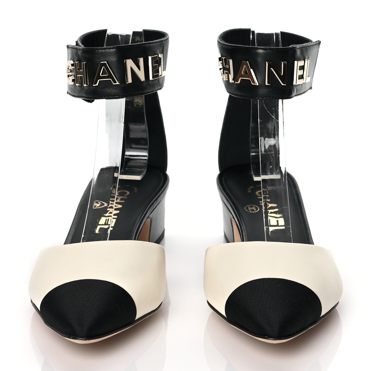 Lambskin Grosgrain Cap Toe Logo Ankle Strap Pumps 38 White Black