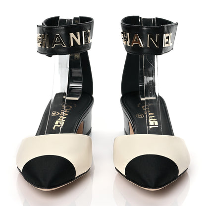 Chanel Lambskin Grosgrain Cap Toe Logo Ankle Strap Pumps 38 White Black 2 of 9
