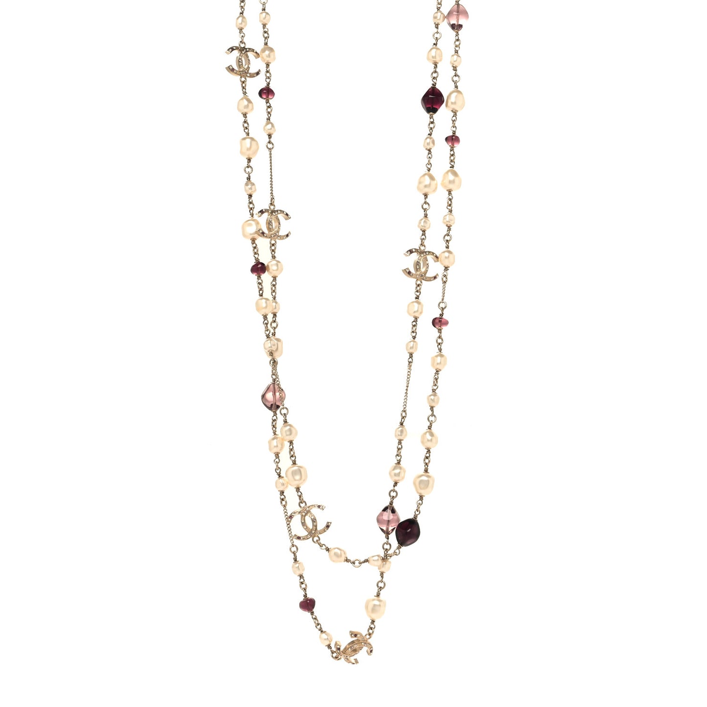 Beaded Pearl Crystal CC Long Strand Necklace Gold Purple