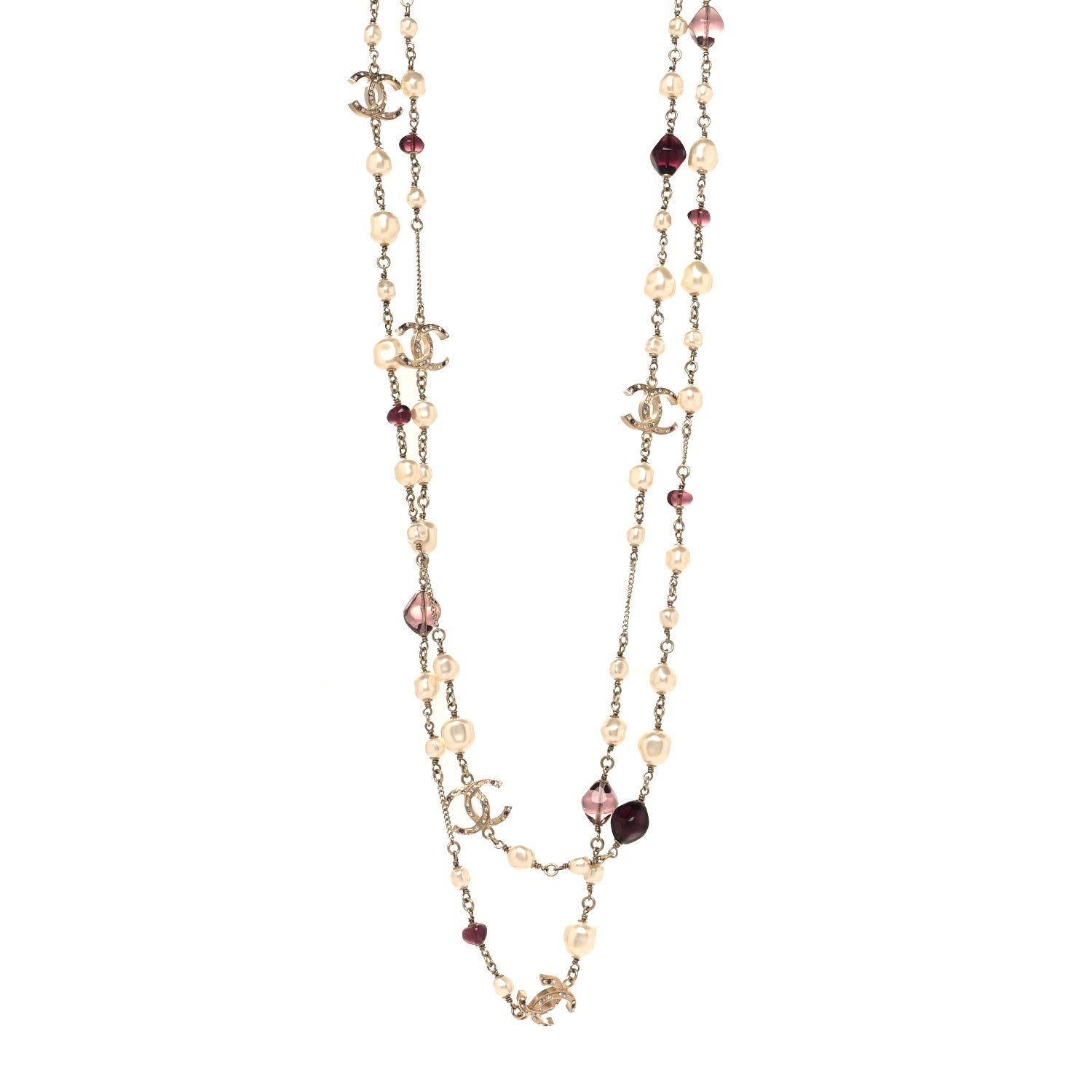 Chanel Beaded Pearl Crystal CC Long Strand Necklace Gold Purple 1 of 4