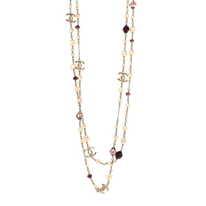 Chanel Beaded Pearl Crystal CC Long Strand Necklace Gold Purple 1 of 4