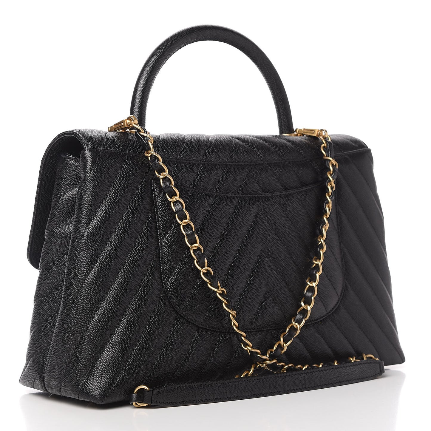 Caviar Chevron Quilted Medium Coco Handle Flap Black