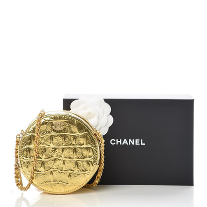Chanel Metallic Calfskin Crocodile Embossed Cocodile Round Clutch with Chain Gold 9 of 9