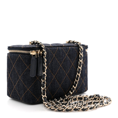 Chanel Denim Quilted Vanity Case With Chain Dark Blue 3 of 10