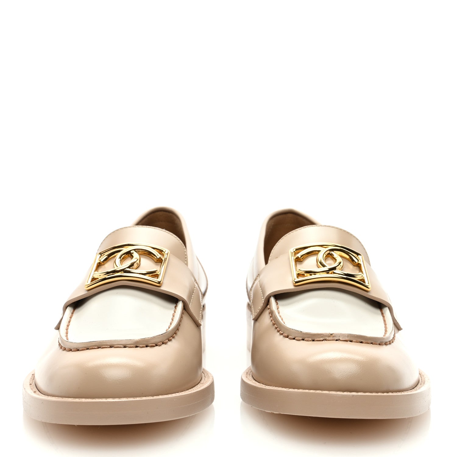 Chanel Shiny Calfskin CC Loafers 37 Beige White 3 of 8