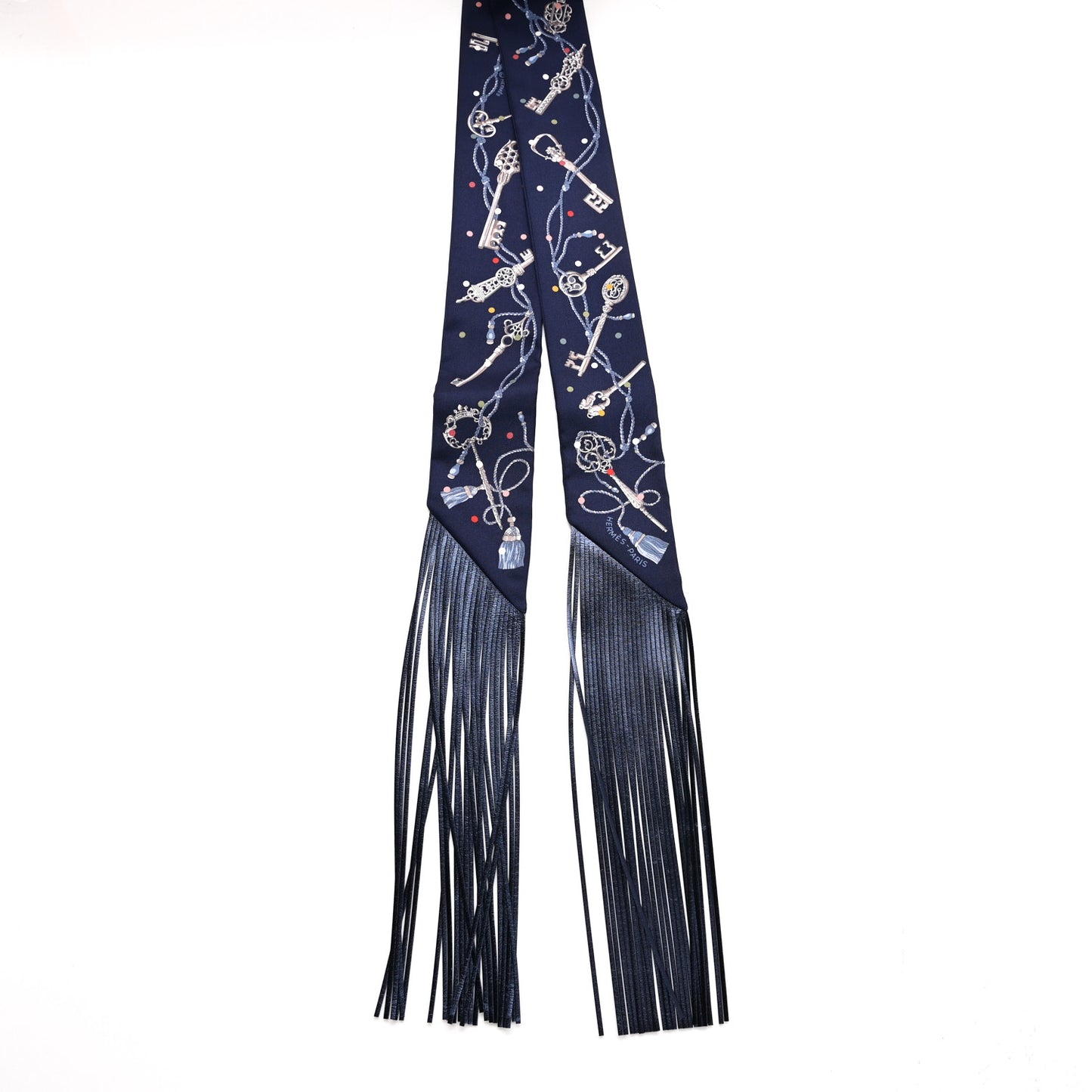 Silk Metallic Agneau Les Cles A Pois Fringed Twilly Bleu Marine Gris Argent Multicolor