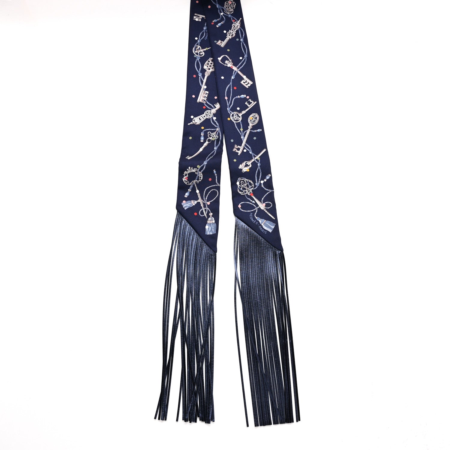 Hermes Silk Metallic Agneau Les Cles A Pois Fringed Twilly Bleu Marine Gris Argent Multicolor 2 of 4