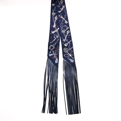 Hermes Silk Metallic Agneau Les Cles A Pois Fringed Twilly Bleu Marine Gris Argent Multicolor 2 of 4