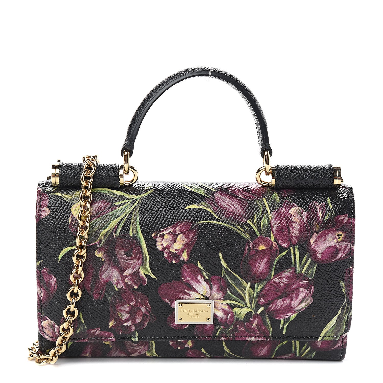 Dolce & Gabbana Dauphine Flower Printed Wallet On Chain Black Purple 1 of 9