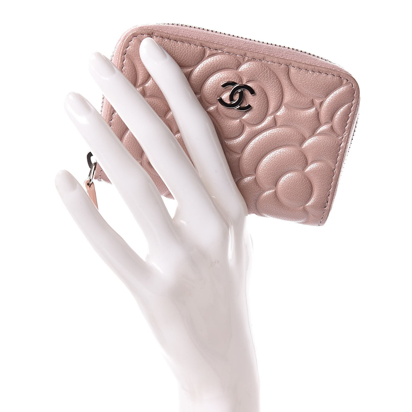 Goatskin Camellia Embossed Zip Coin Purse Light Pink