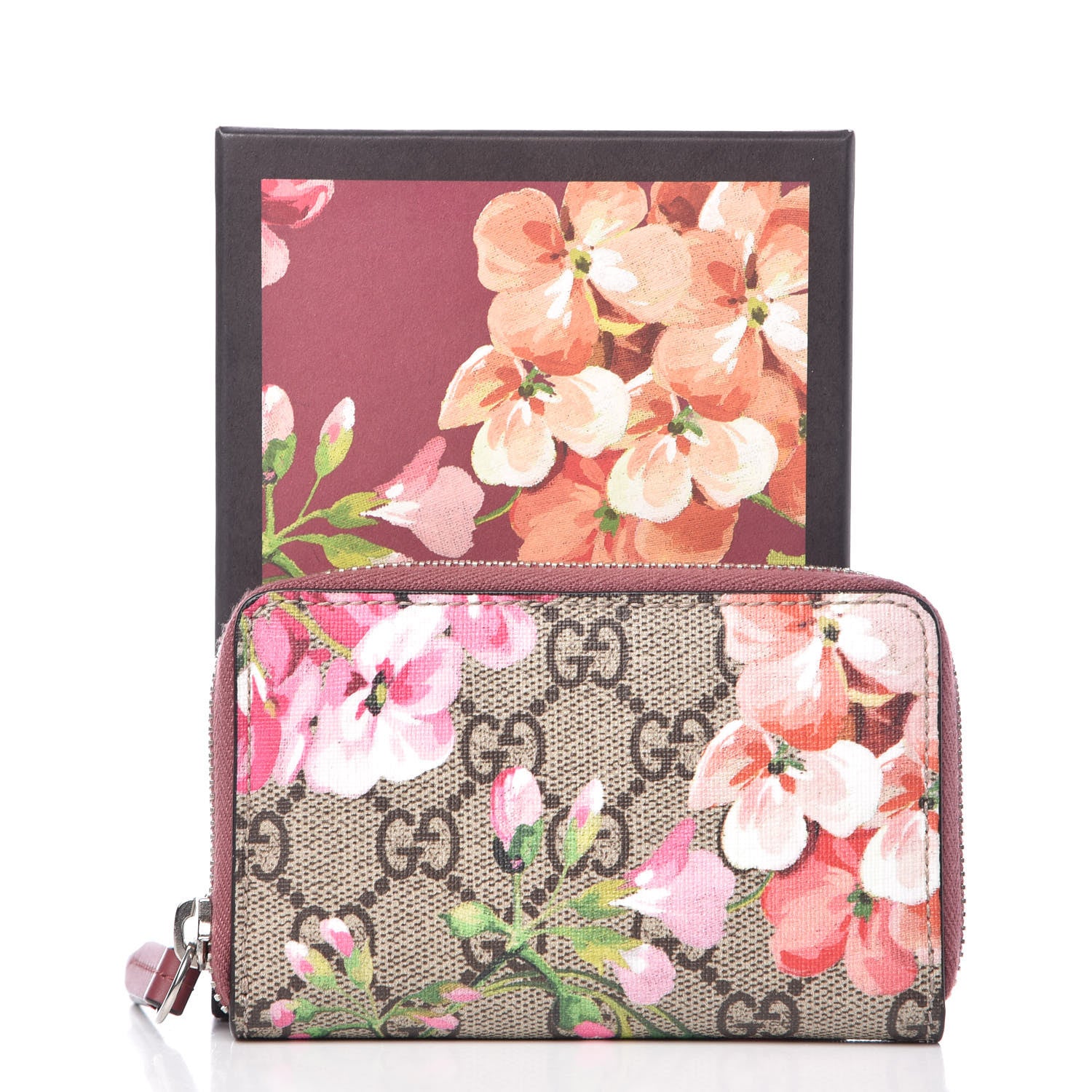 Gucci GG Supreme Monogram Blooms Zip Around Card Case Wallet Beige Multicolor Dry Rose 7 of 7