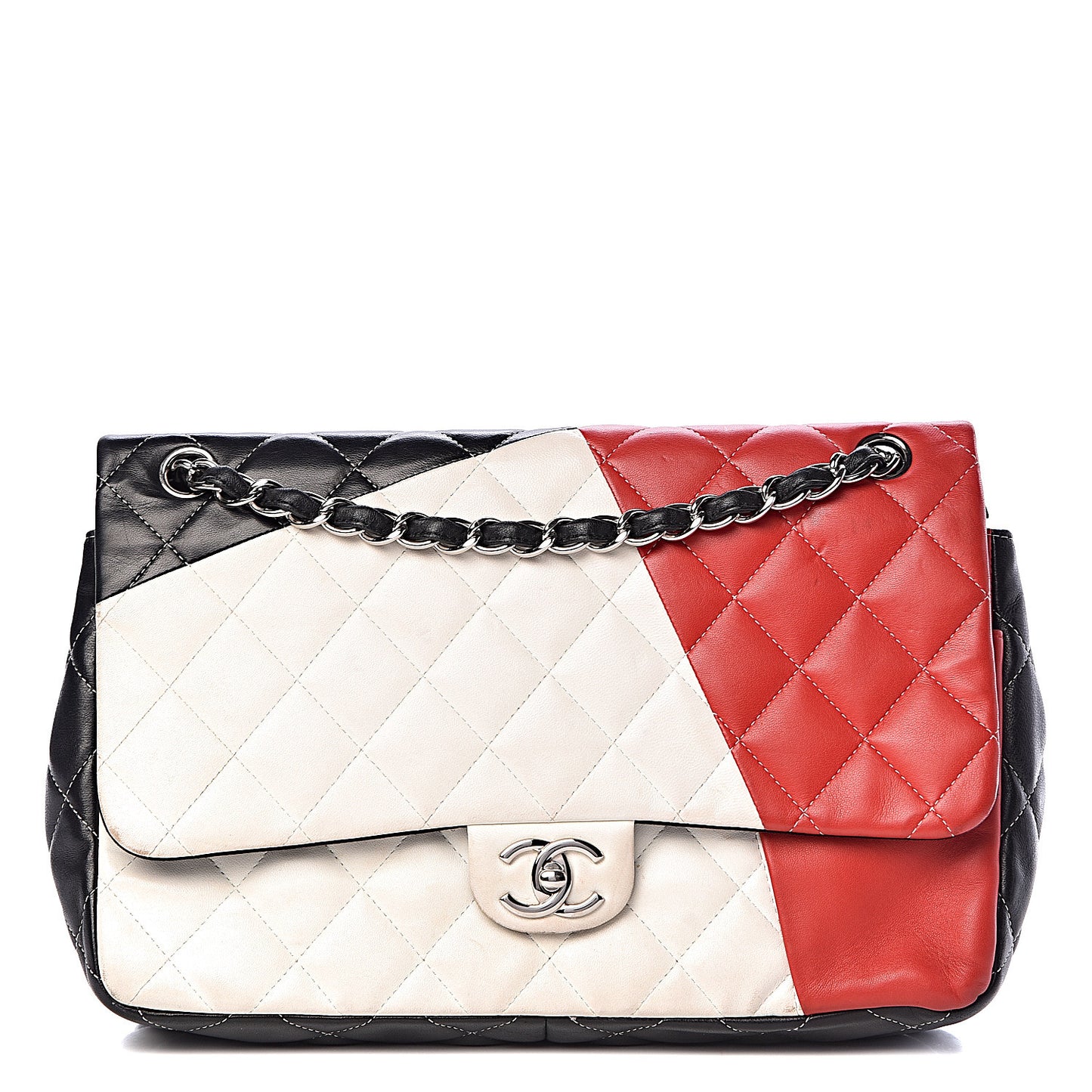 Lambskin Quilted Colorblock Jumbo Double Flap Black White Red