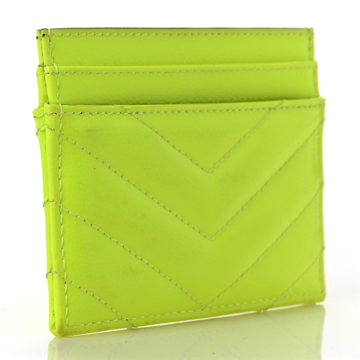 Patent Grain De Poudre Matelasse Chevron Monogram Credit Card Case Neon Yellow