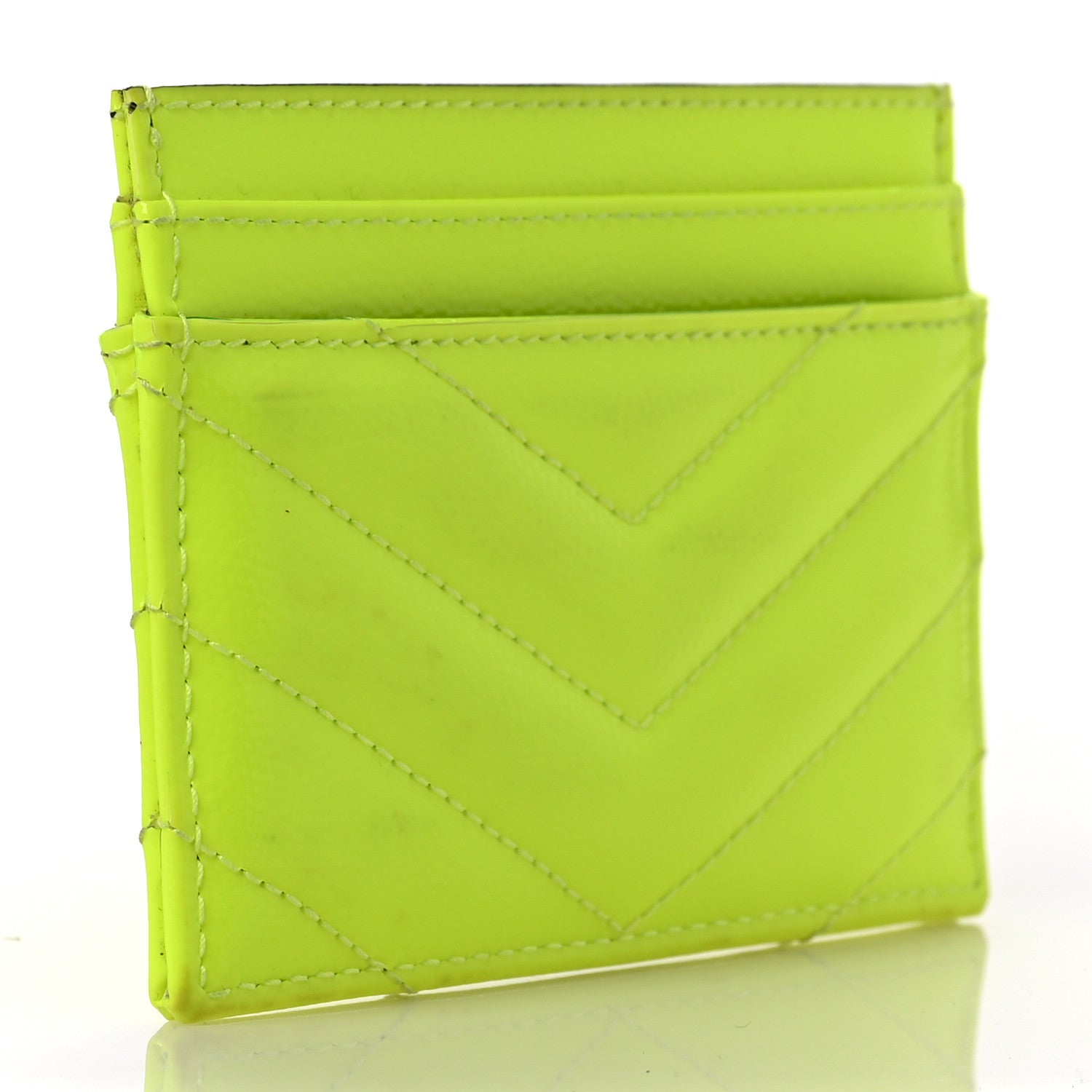 Saint Laurent Patent Grain De Poudre Matelasse Chevron Monogram Credit Card Case Neon Yellow 3 of 8