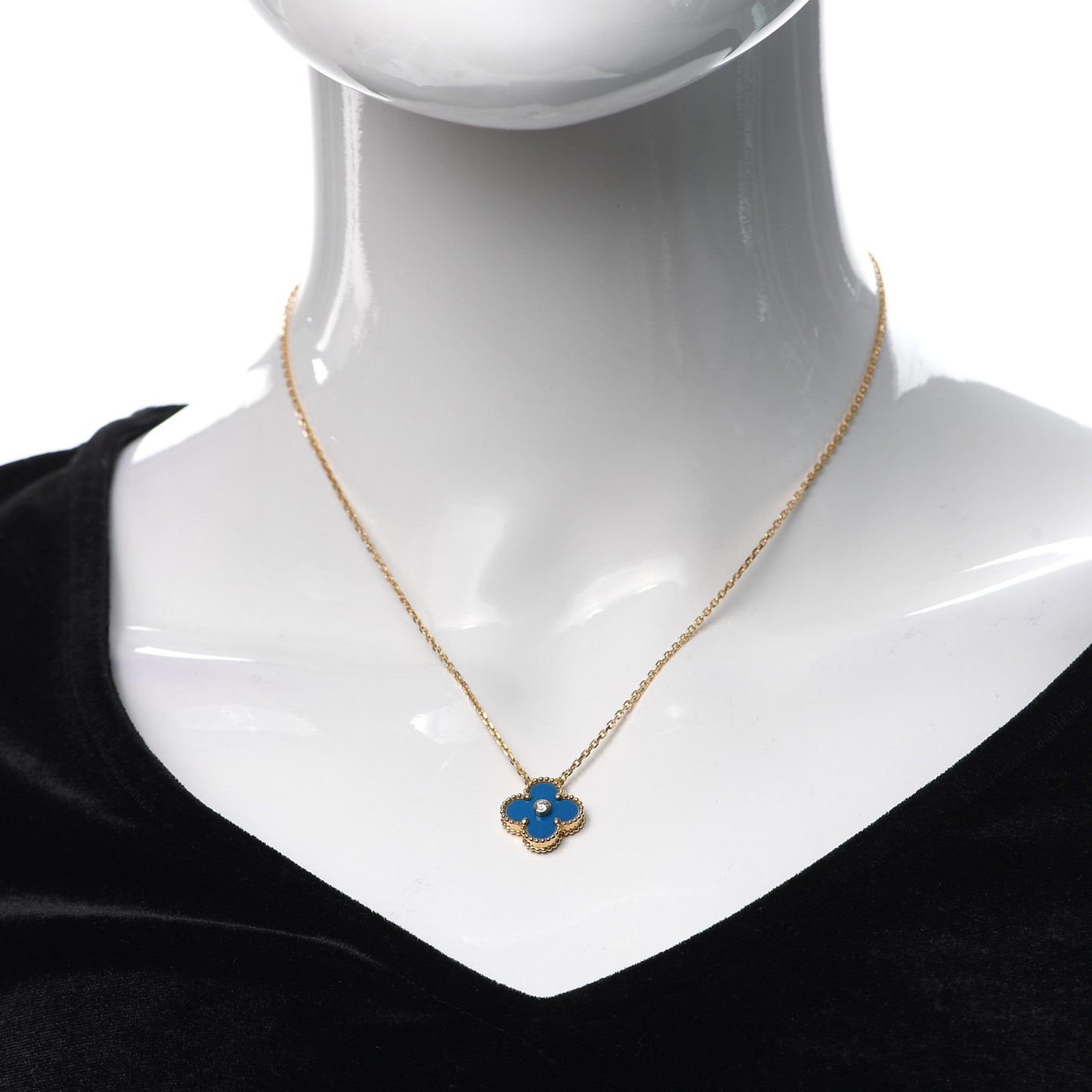 18K Yellow Gold Diamond Celestial Blue Sevres Porcelain Vintage Alhambra Pendant Necklace