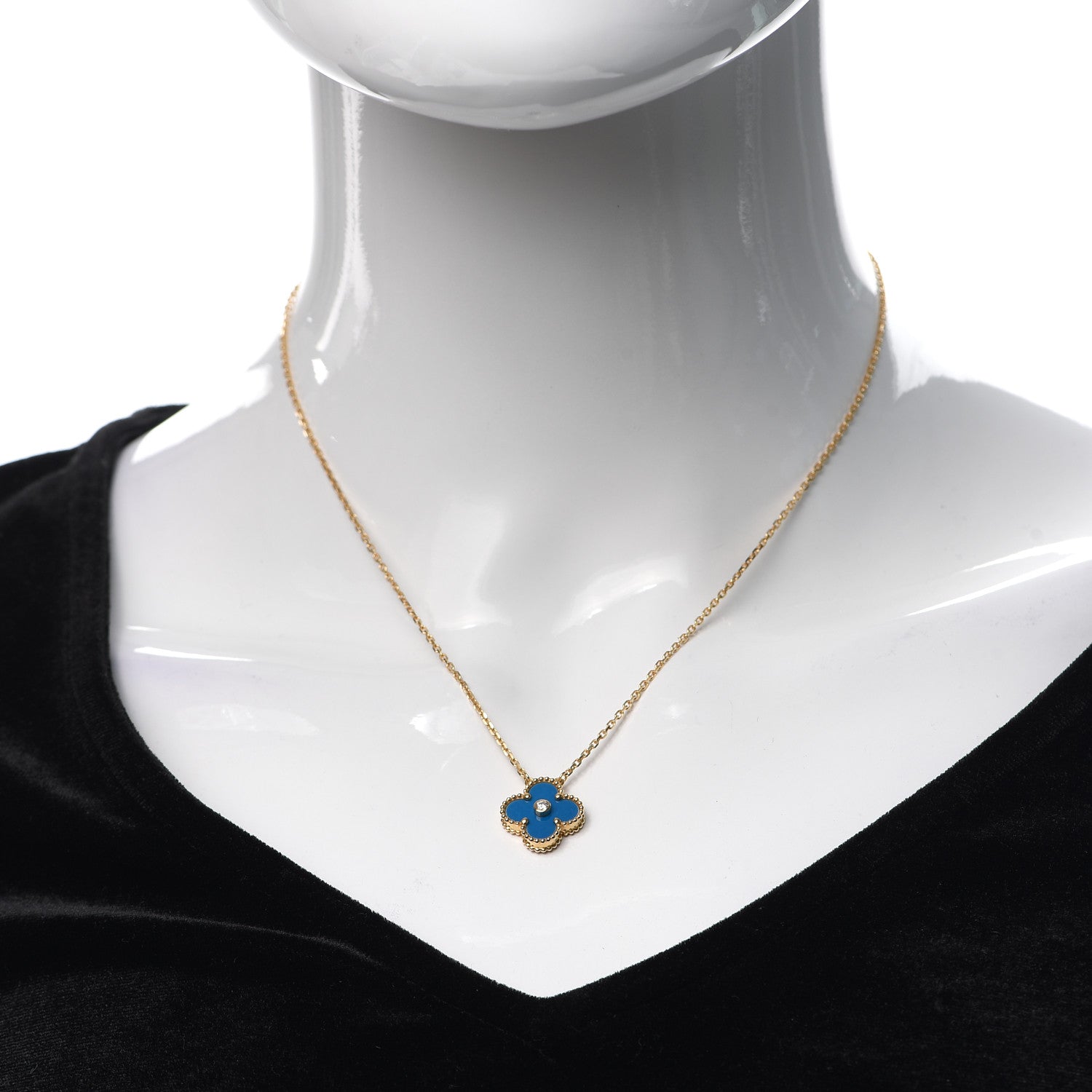 Van Cleef & Arpels 18K Yellow Gold Diamond Celestial Blue Sevres Porcelain Vintage Alhambra Pendant Necklace 2 of 6