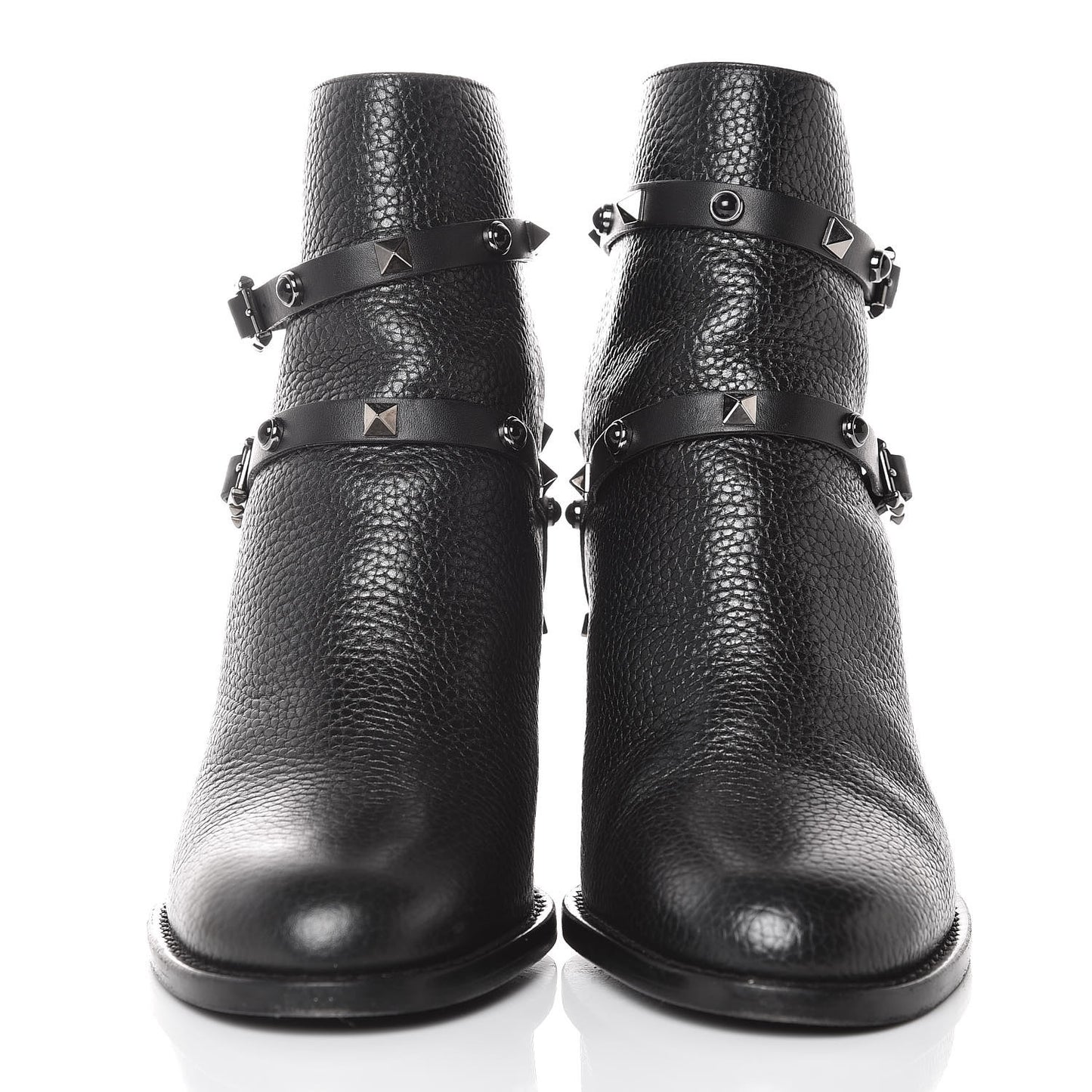 Pebbled Calfskin Onyx Rockstud Rolling Double Buckle 70mm Block Heel Ankle Boots 39 Black