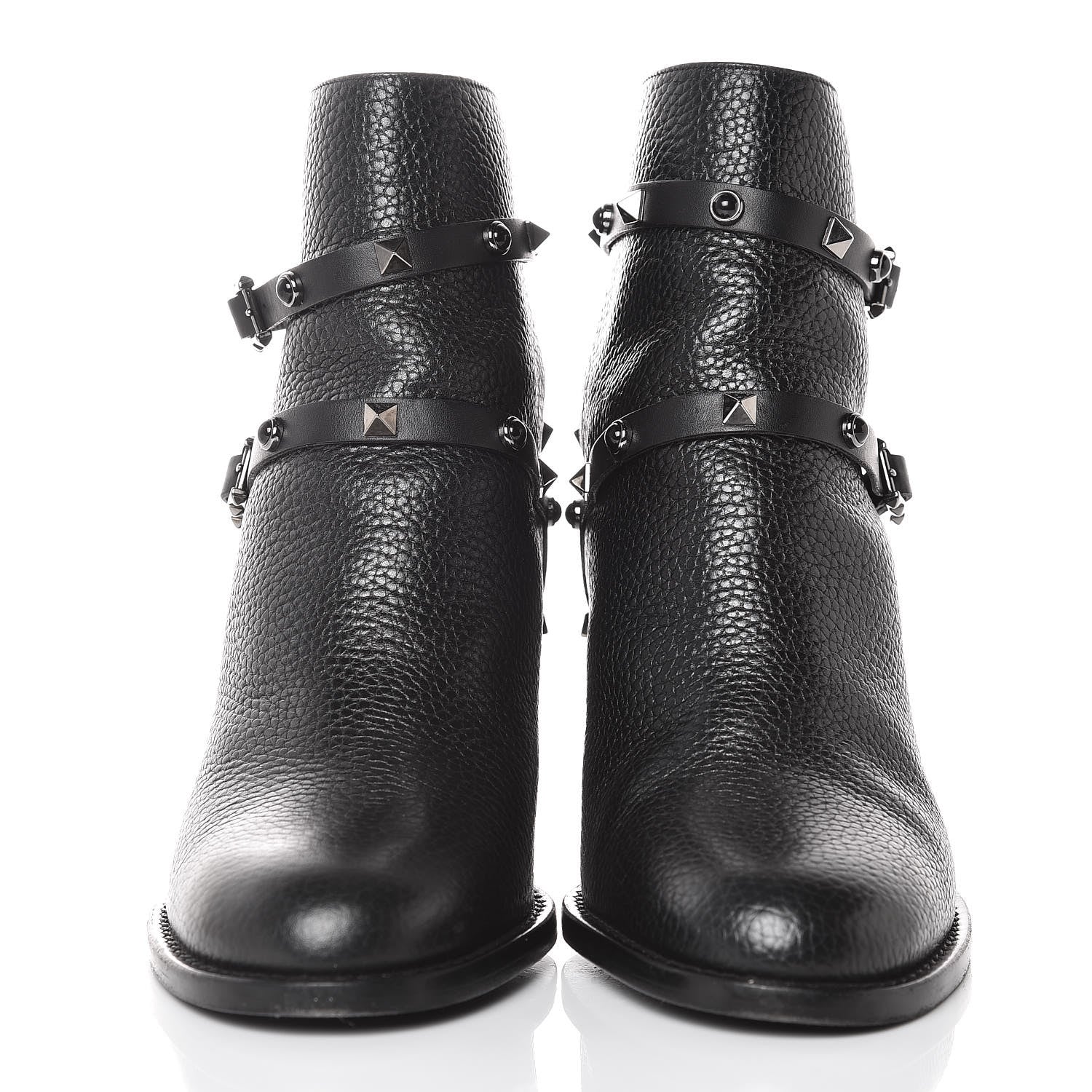 Valentino Garavani Pebbled Calfskin Onyx Rockstud Rolling Double Buckle 70mm Block Heel Ankle Boots 39 Black 2 of 9