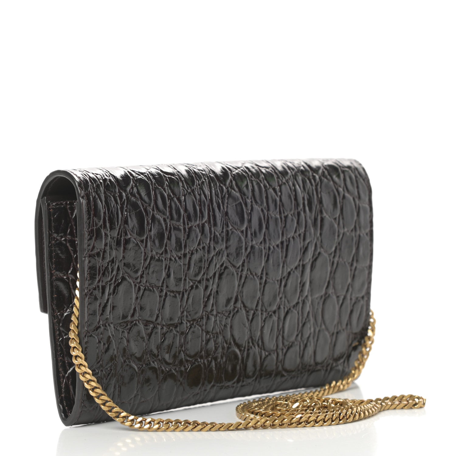 Saint Laurent Calfskin Crocodile Embossed Monogram Uptown Chain Wallet Fondente 4 of 12